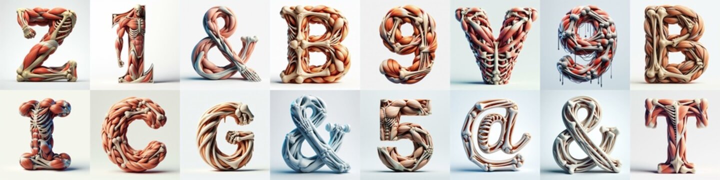 3D lettering what blend Bones and Muscles. AI generated illustration