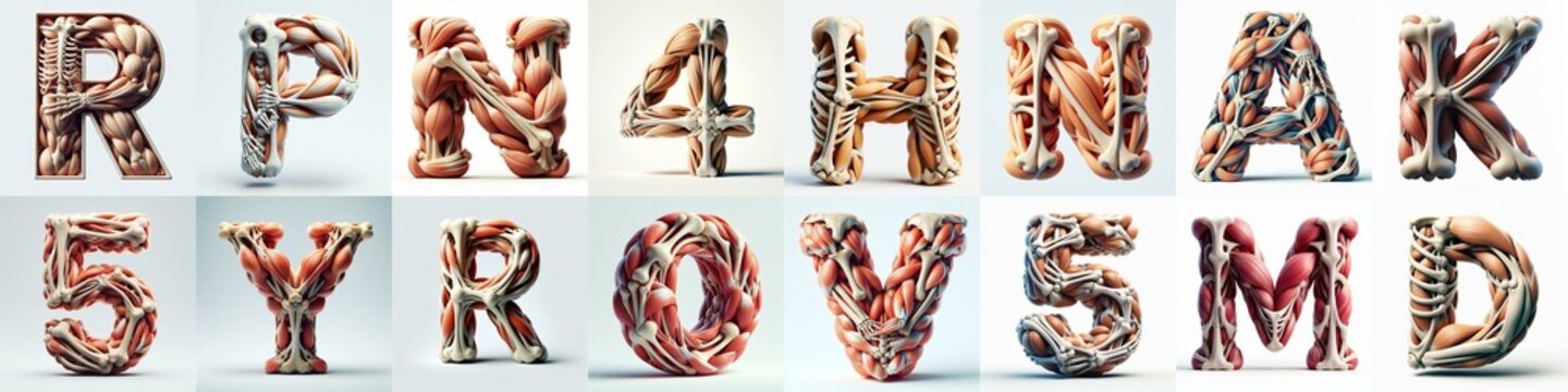 3D lettering what blend Bones and Muscles. AI generated illustration