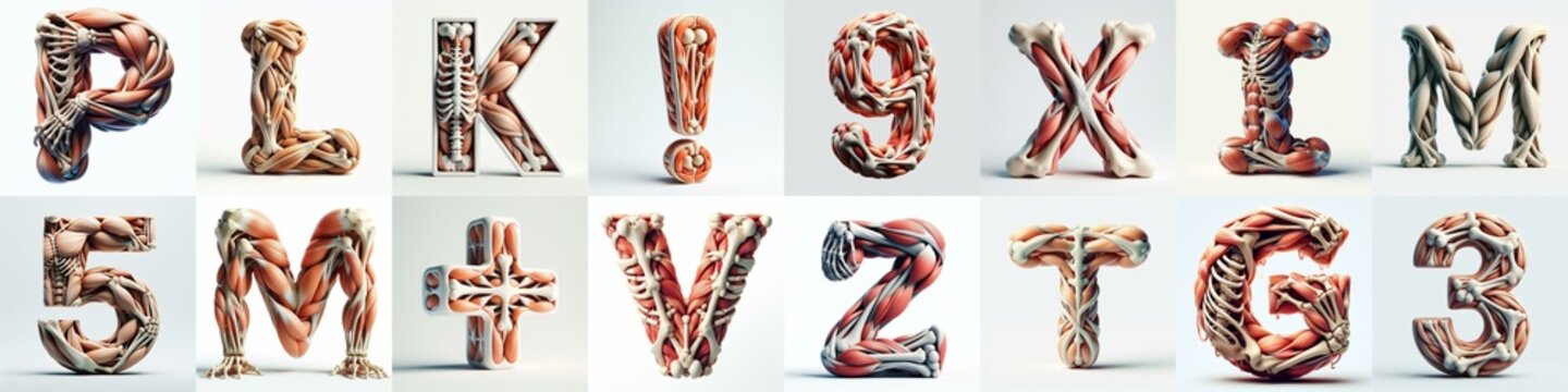 3D lettering what blend Bones and Muscles. AI generated illustration
