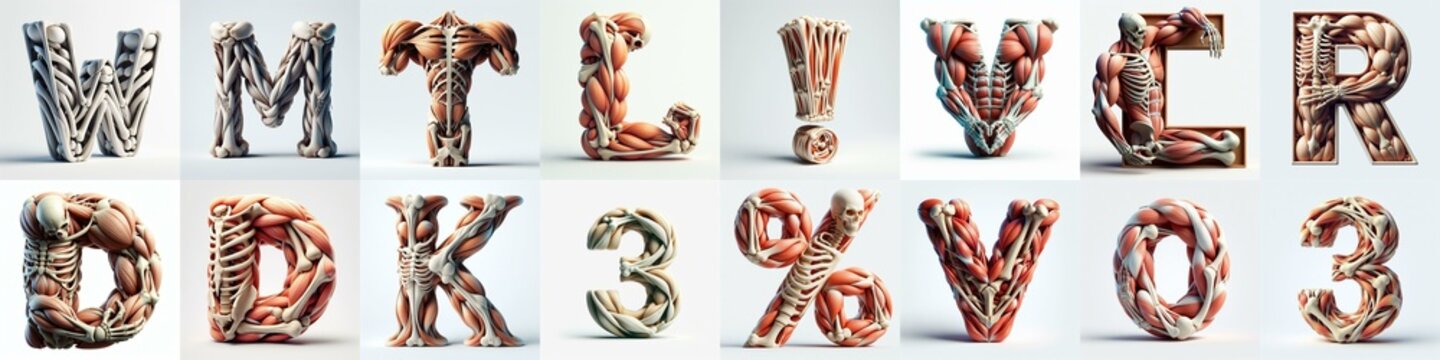 3D lettering what blend Bones and Muscles. AI generated illustration