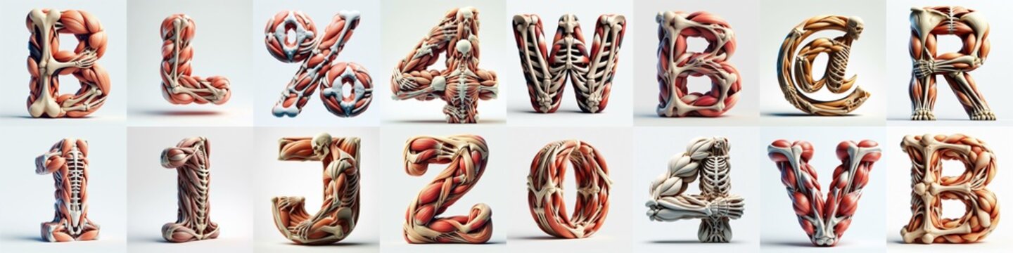 3D lettering what blend Bones and Muscles. AI generated illustration