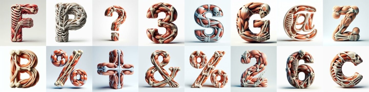 3D lettering what blend Bones and Muscles. AI generated illustration