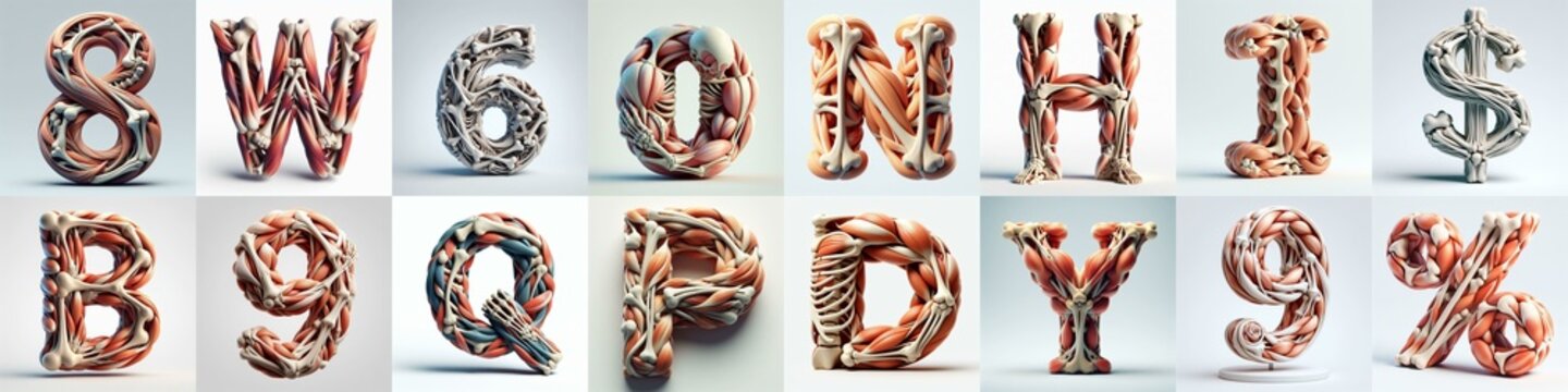 3D lettering what blend Bones and Muscles. AI generated illustration