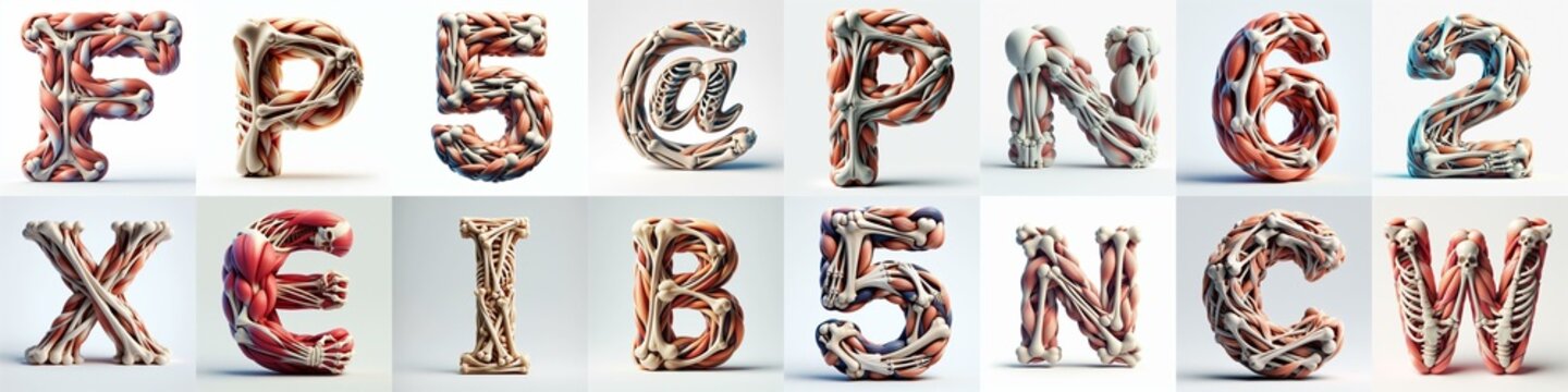 3D lettering what blend Bones and Muscles. AI generated illustration