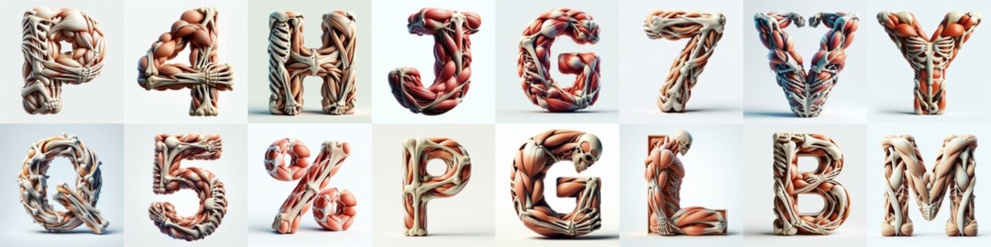 3D lettering what blend Bones and Muscles. AI generated illustration