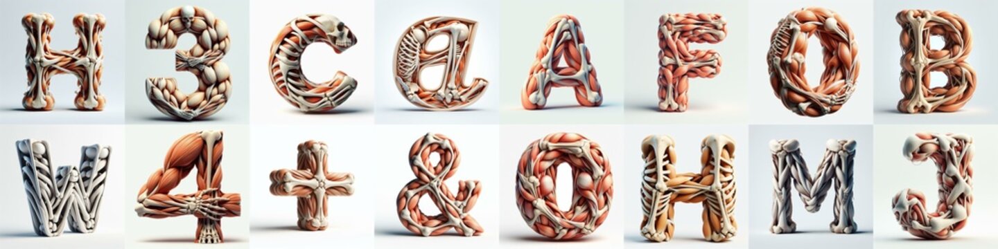 3D lettering what blend Bones and Muscles. AI generated illustration