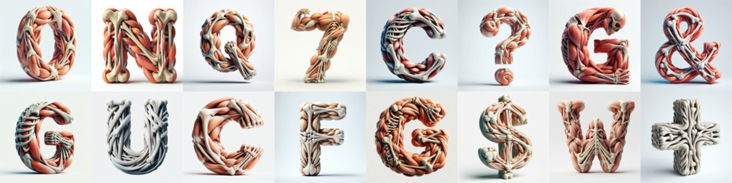 3D lettering what blend Bones and Muscles. AI generated illustration