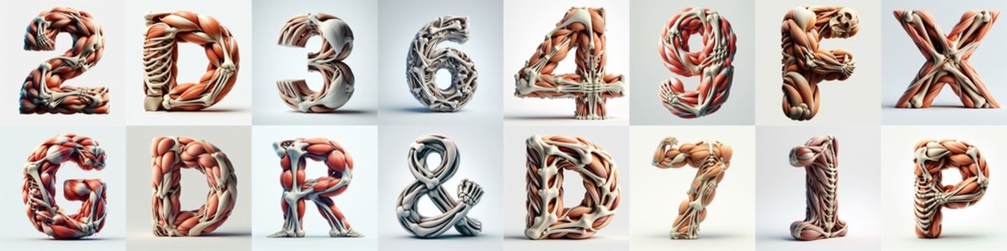 3D lettering what blend Bones and Muscles. AI generated illustration