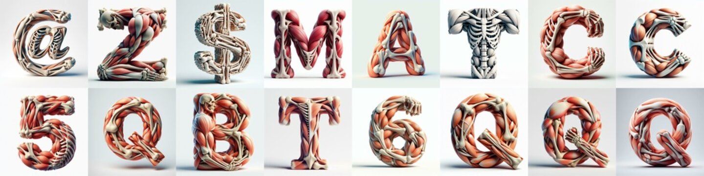 3D lettering what blend Bones and Muscles. AI generated illustration