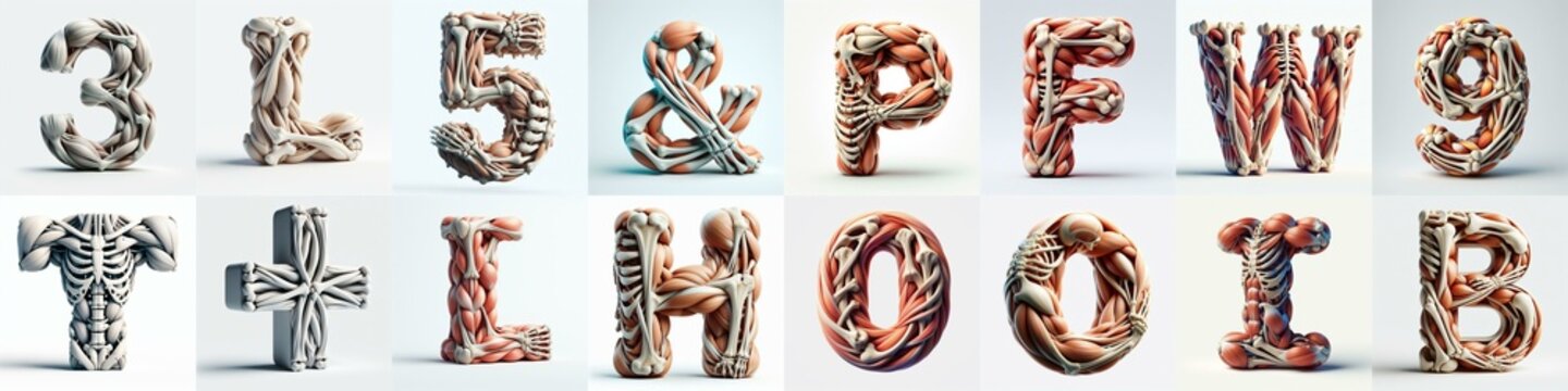 3D lettering what blend Bones and Muscles. AI generated illustration