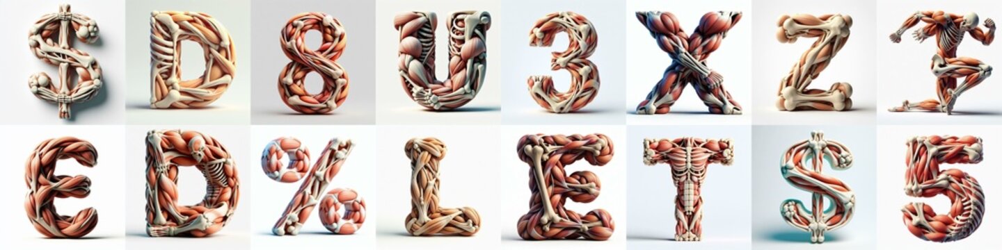3D lettering what blend Bones and Muscles. AI generated illustration