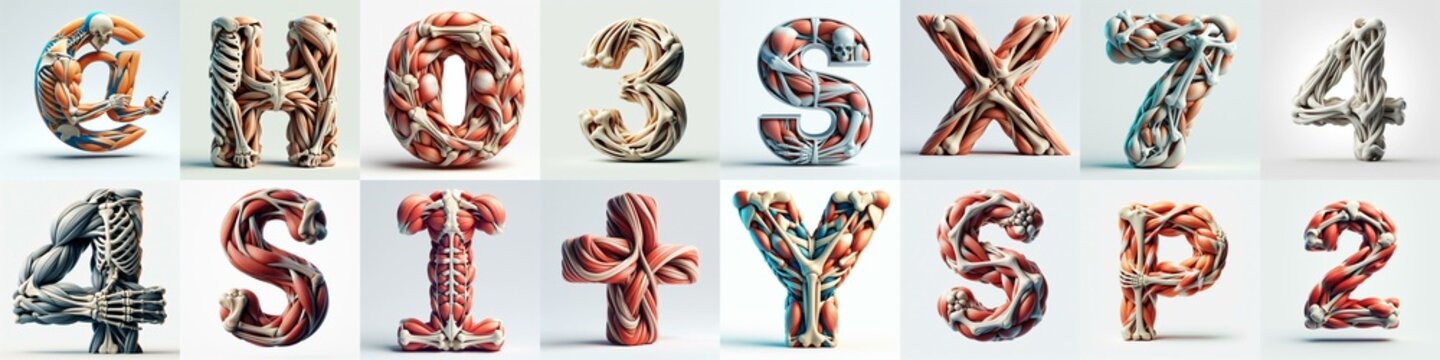 3D lettering what blend Bones and Muscles. AI generated illustration