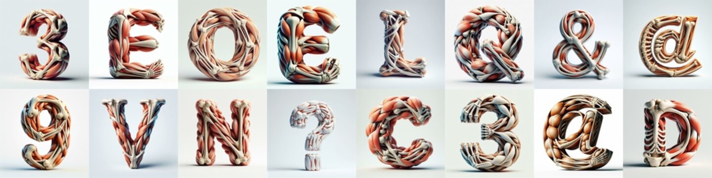 3D lettering what blend Bones and Muscles. AI generated illustration