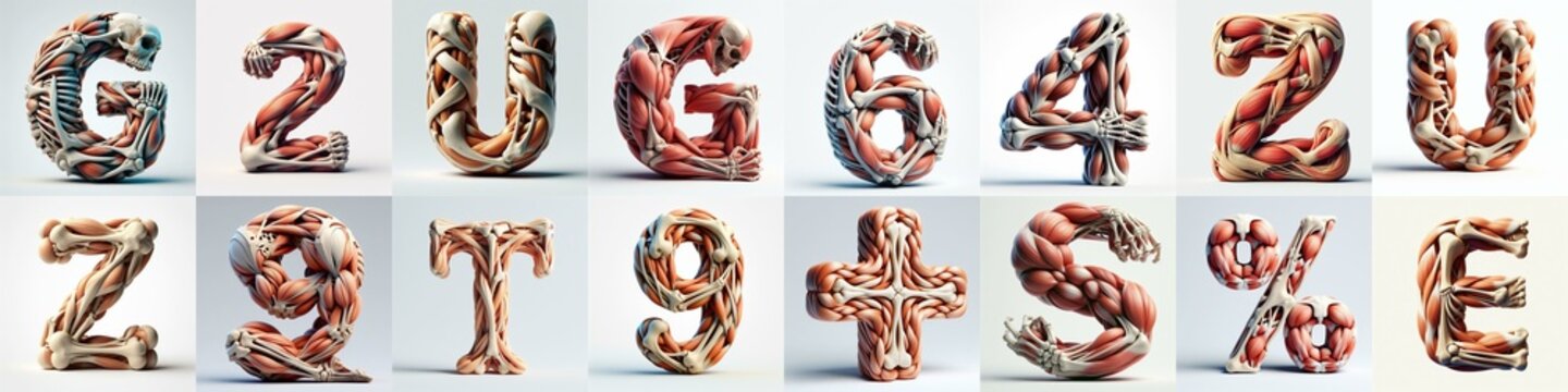 3D lettering what blend Bones and Muscles. AI generated illustration