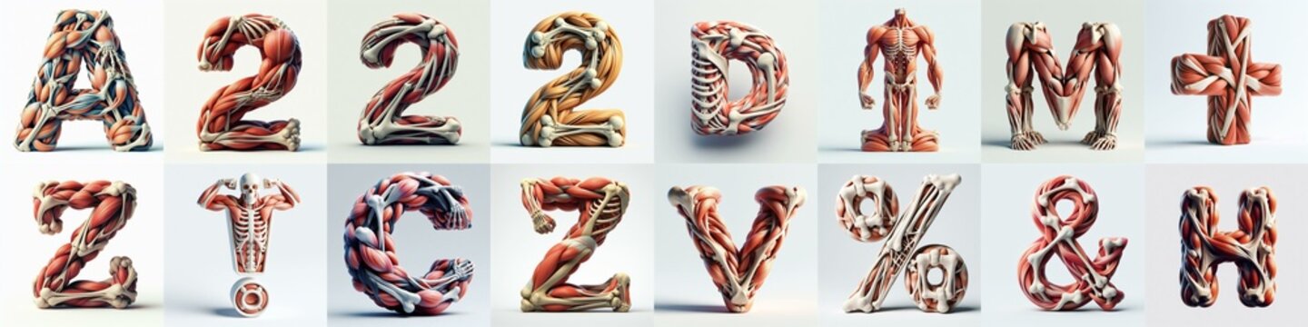 3D lettering what blend Bones and Muscles. AI generated illustration