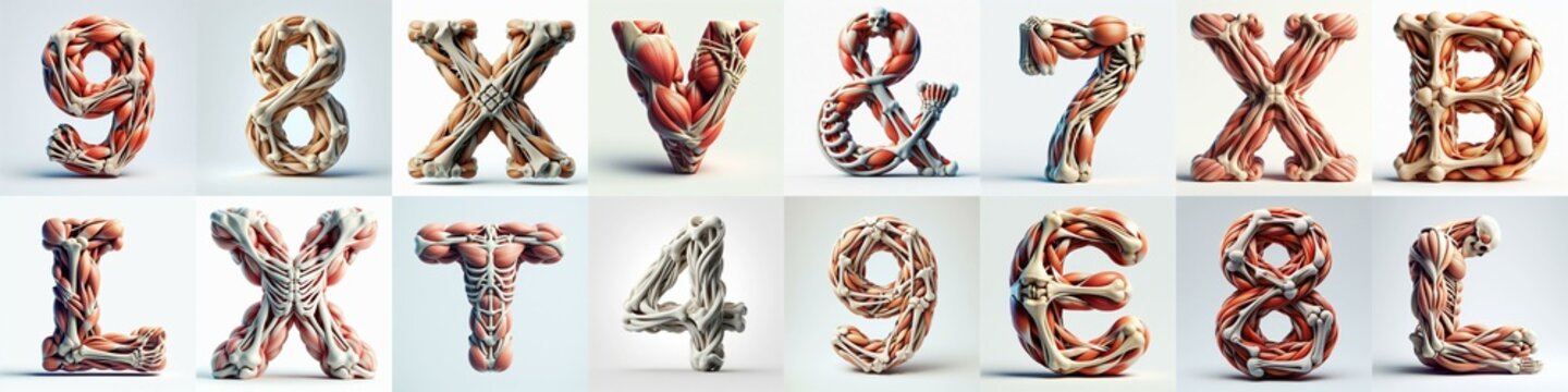 3D lettering what blend Bones and Muscles. AI generated illustration