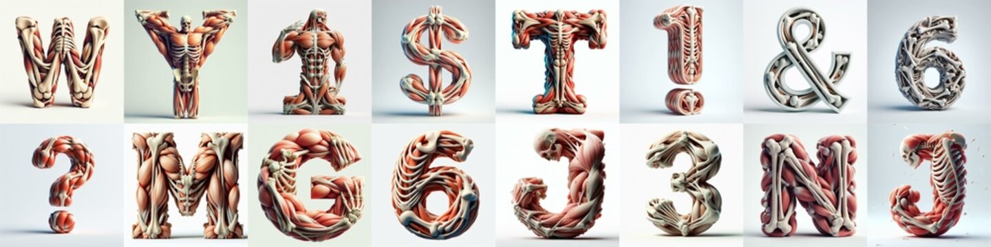 3D lettering what blend Bones and Muscles. AI generated illustration