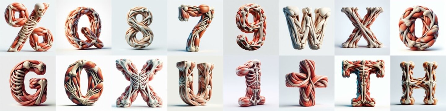 3D lettering what blend Bones and Muscles. AI generated illustration