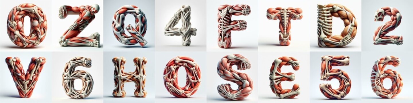 3D lettering what blend Bones and Muscles. AI generated illustration