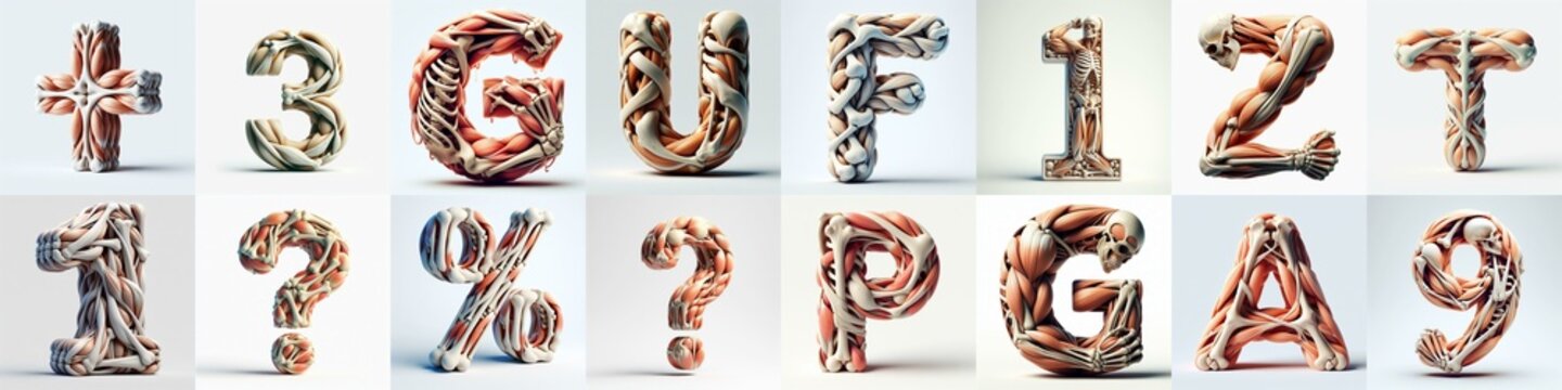 3D lettering what blend Bones and Muscles. AI generated illustration
