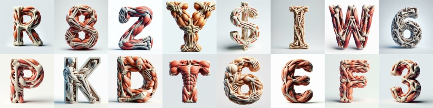 3D lettering what blend Bones and Muscles. AI generated illustration