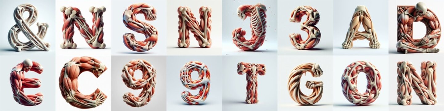 3D lettering what blend Bones and Muscles. AI generated illustration