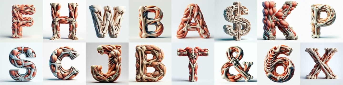 3D lettering what blend Bones and Muscles. AI generated illustration