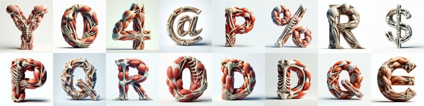 3D lettering what blend Bones and Muscles. AI generated illustration