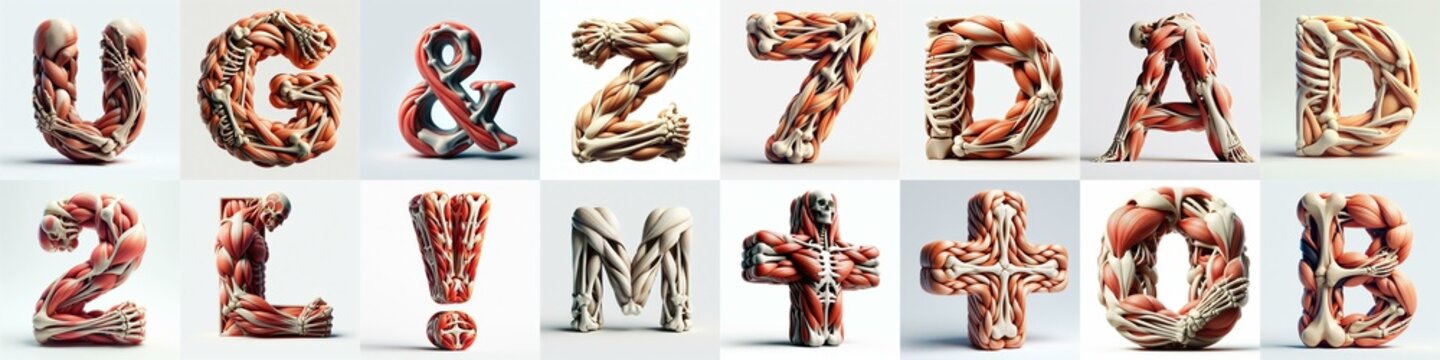 3D lettering what blend Bones and Muscles. AI generated illustration