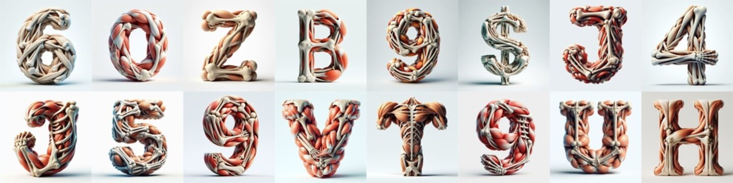 3D lettering what blend Bones and Muscles. AI generated illustration