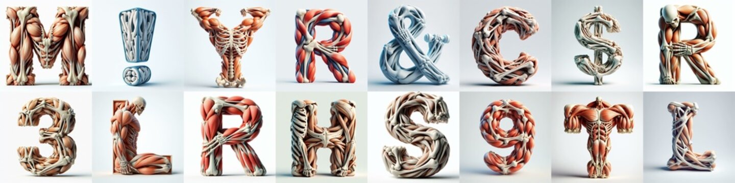 3D lettering what blend Bones and Muscles. AI generated illustration