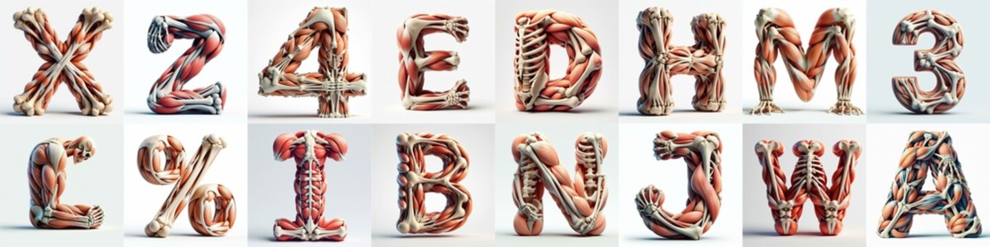 3D lettering what blend Bones and Muscles. AI generated illustration