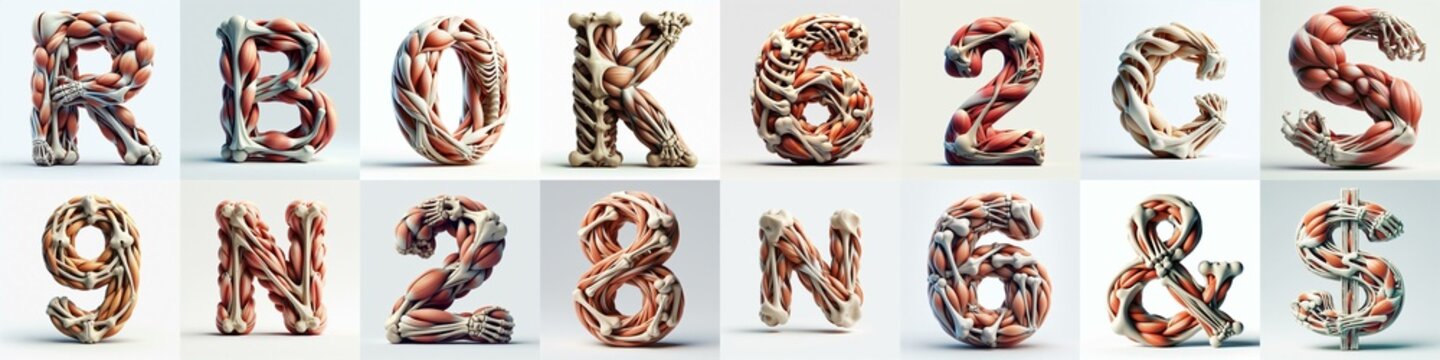 3D lettering what blend Bones and Muscles. AI generated illustration