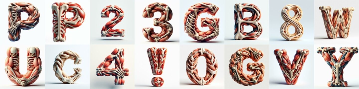 3D lettering what blend Bones and Muscles. AI generated illustration
