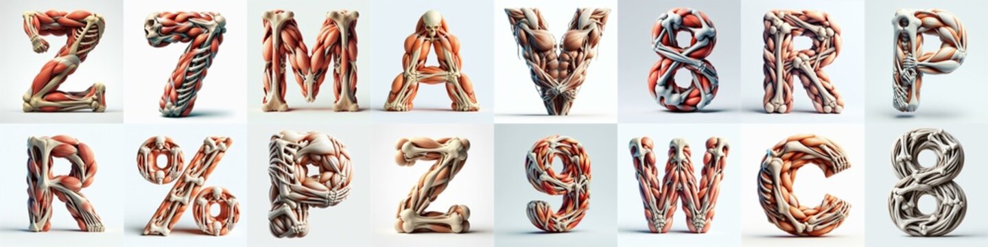 3D lettering what blend Bones and Muscles. AI generated illustration