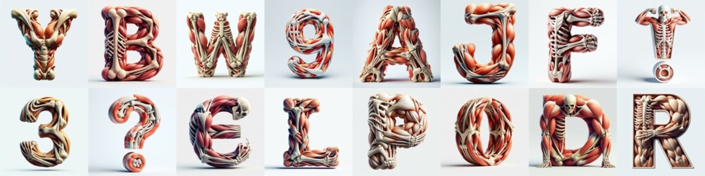 3D lettering what blend Bones and Muscles. AI generated illustration