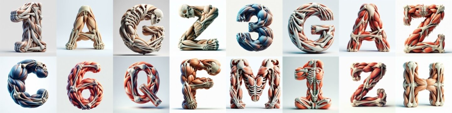 3D lettering what blend Bones and Muscles. AI generated illustration