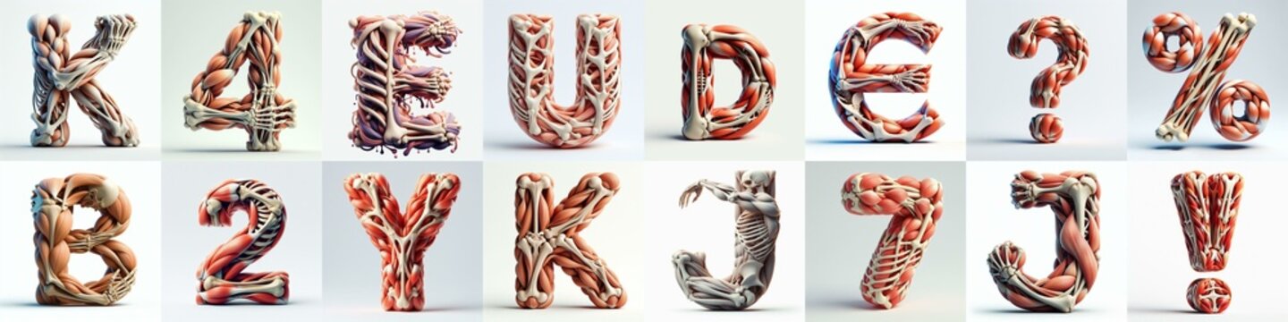3D lettering what blend Bones and Muscles. AI generated illustration