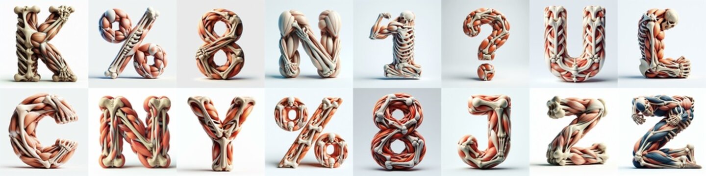 3D lettering what blend Bones and Muscles. AI generated illustration
