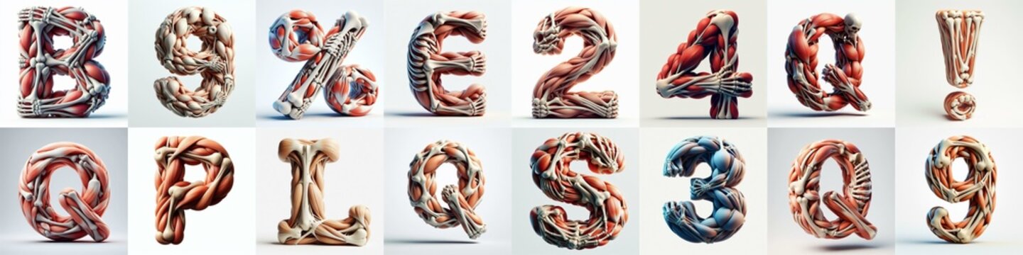 3D lettering what blend Bones and Muscles. AI generated illustration