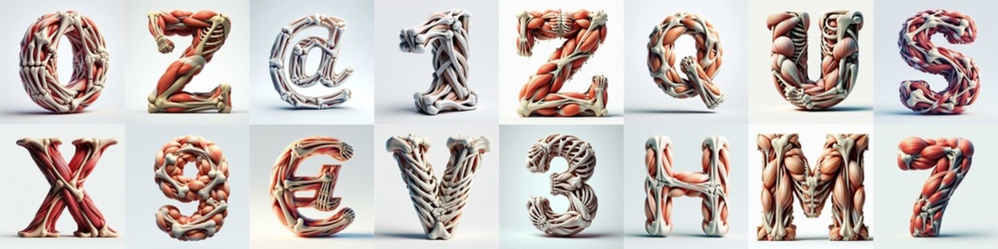 3D lettering what blend Bones and Muscles. AI generated illustration