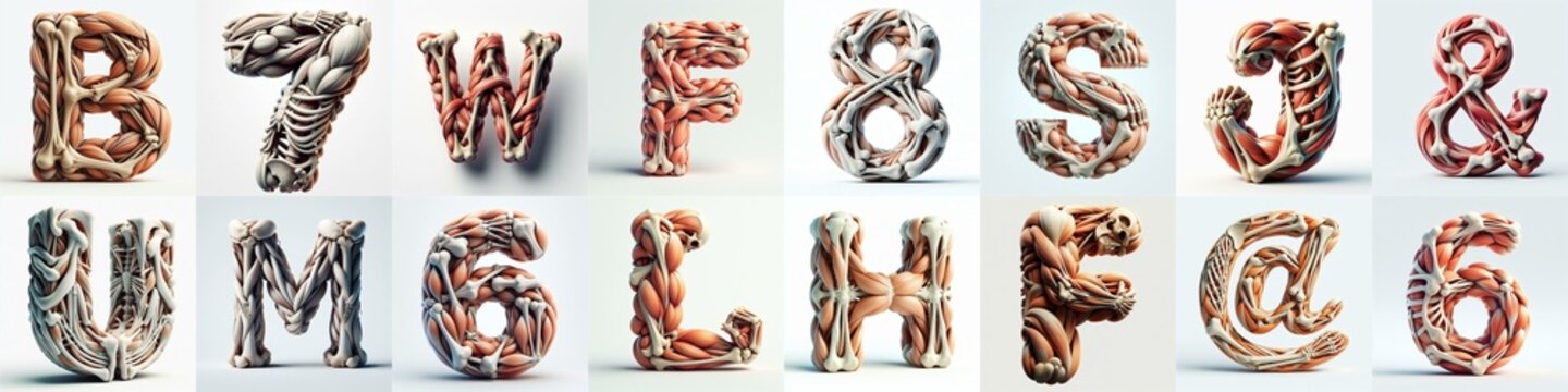 3D lettering what blend Bones and Muscles. AI generated illustration