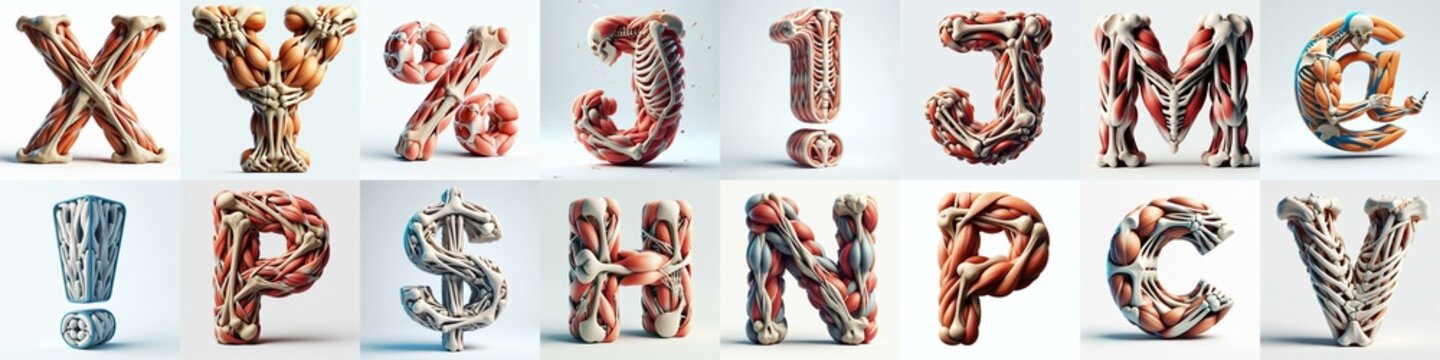 3D lettering what blend Bones and Muscles. AI generated illustration
