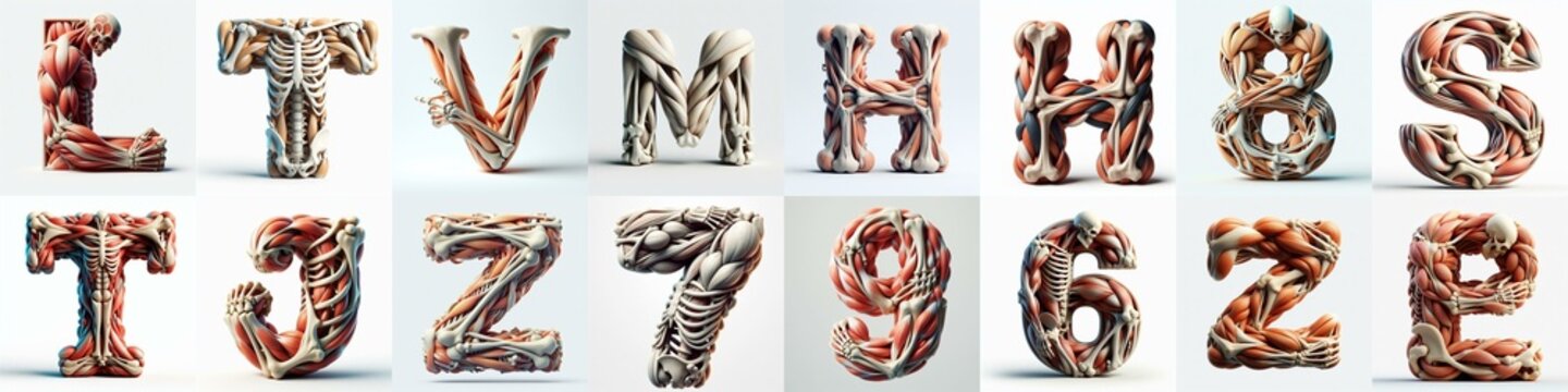 3D lettering what blend Bones and Muscles. AI generated illustration