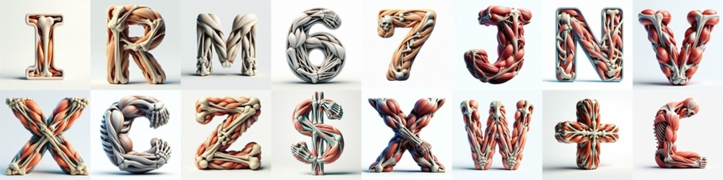3D lettering what blend Bones and Muscles. AI generated illustration