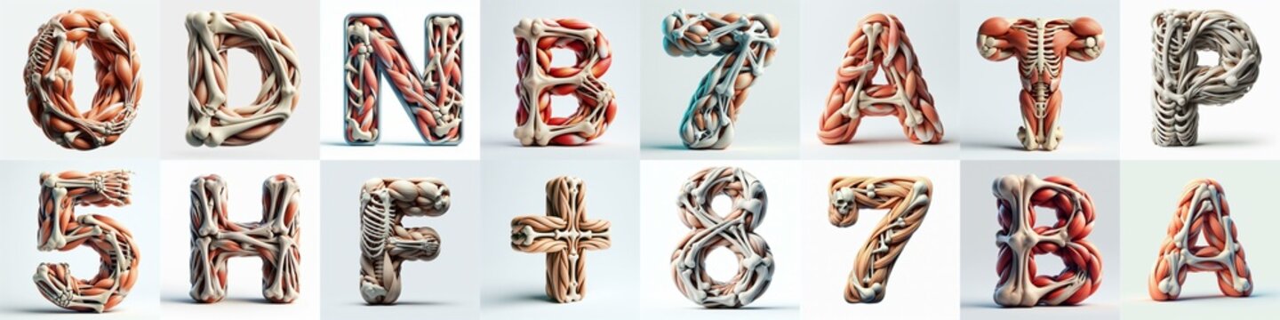 3D lettering what blend Bones and Muscles. AI generated illustration