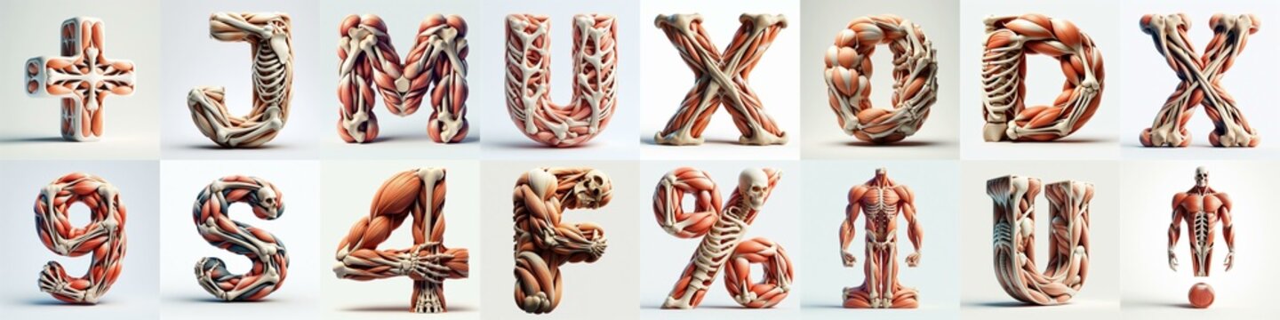 3D lettering what blend Bones and Muscles. AI generated illustration