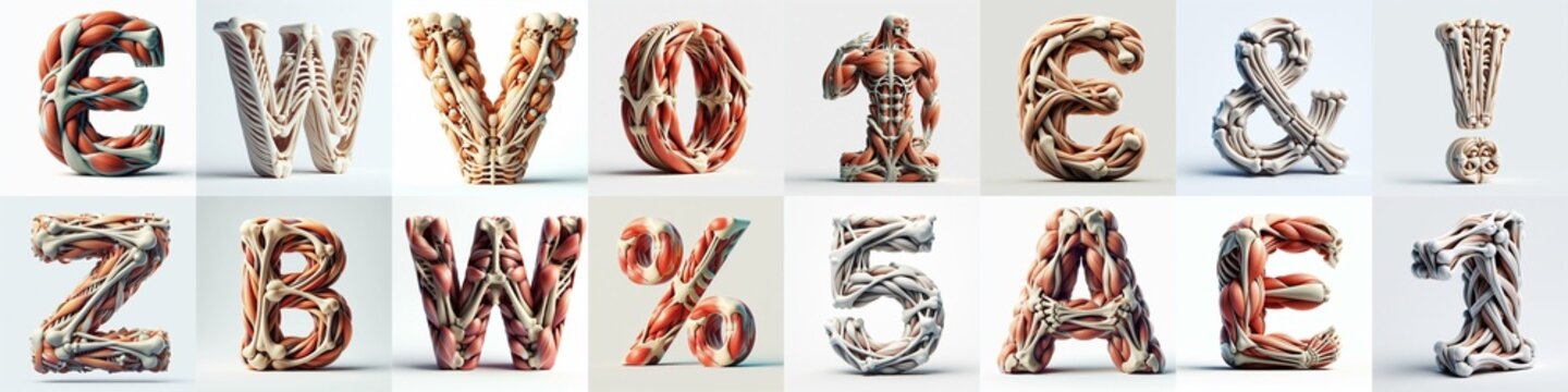 3D lettering what blend Bones and Muscles. AI generated illustration