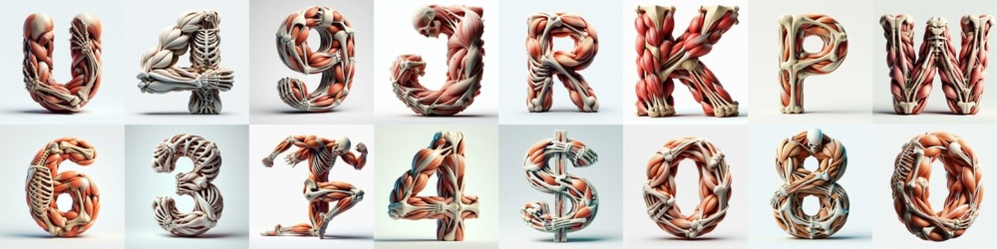 3D lettering what blend Bones and Muscles. AI generated illustration