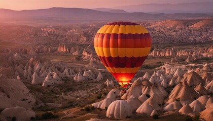 dozens of hot air balloon tours in cappadocia, turkey. warm and pink sunset vibe